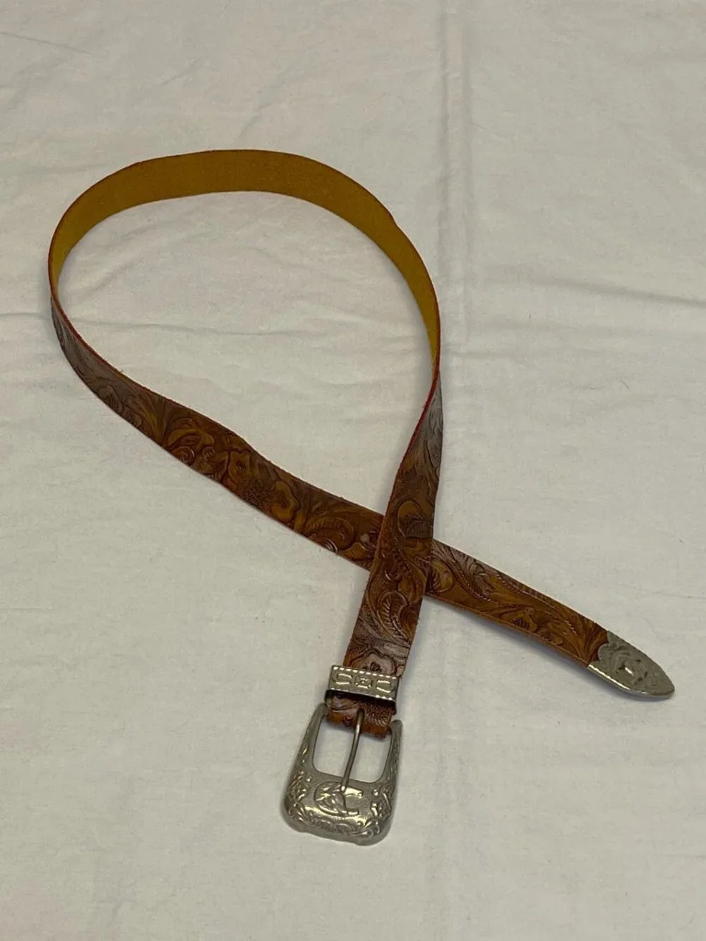 C&ck Tooled Leather Ornate Silver Tone Buckle Narrow Belt Brown Cowgirl Western